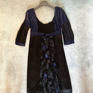 Alberta Ferretti Black and Blue 3/4 Sleeve Midi Dress with Ruffles